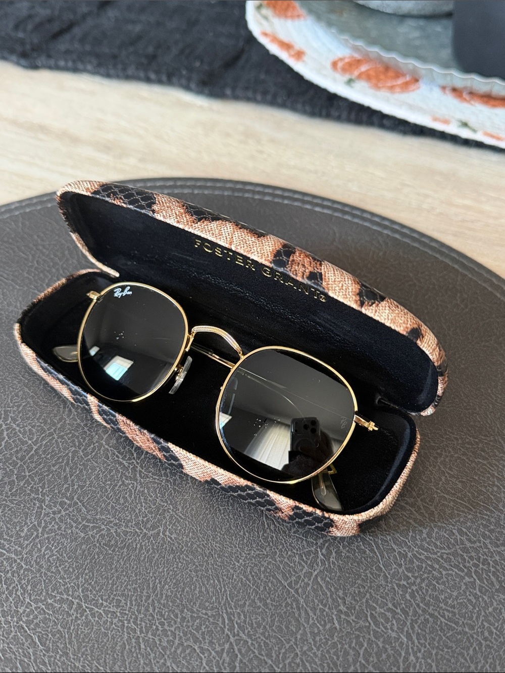 Ray-Ban Gold Frame Black Lens Round Sunglasses
